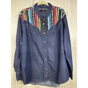 Lucky & Blessed Western Denim Shirt Womens 2X Pearl Snap Multicolor‎ Yoke!!!
